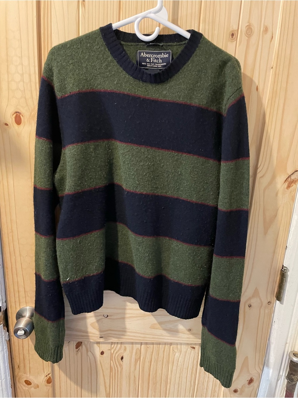 Abercrombie & Fitch Olive Green and Navy Striped Crewneck Sweater